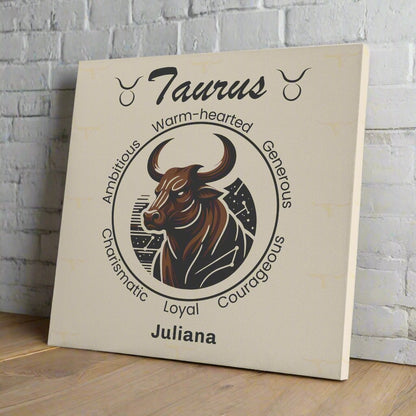 Taurus Fierceness Personalized Square Canvas Print resting on shelf with white brick wall mister obtuse eclectic goods