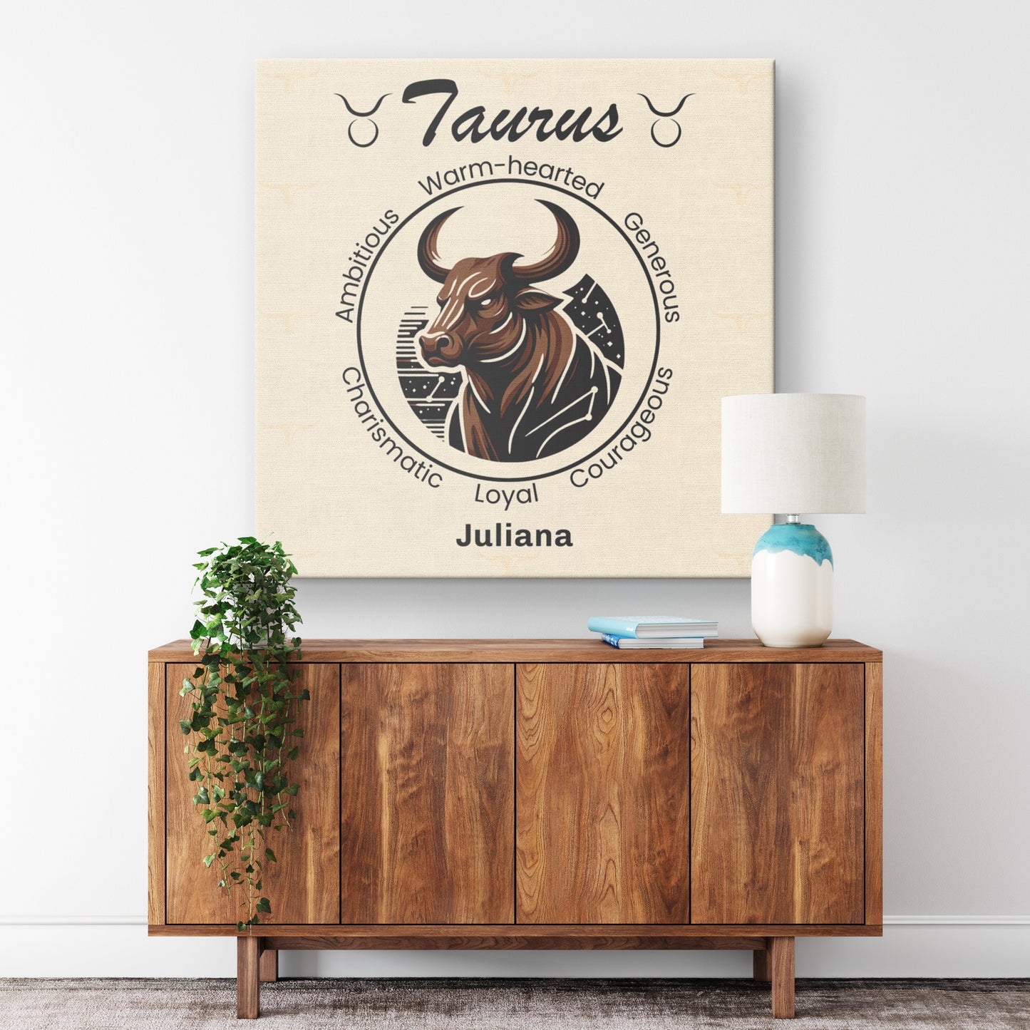 Taurus Fierceness Personalized Square Canvas Wrap resting on wall above cabinet mister obtuse eclectic goods