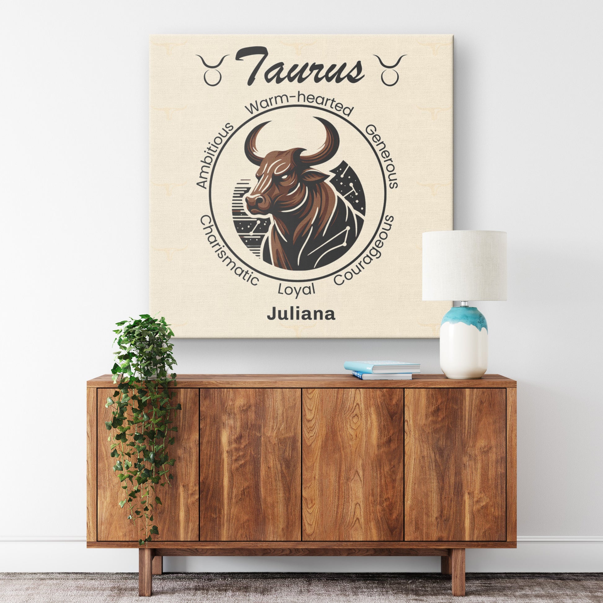 Taurus Fierceness Personalized Square Canvas Wrap resting on wall above cabinet mister obtuse eclectic goods