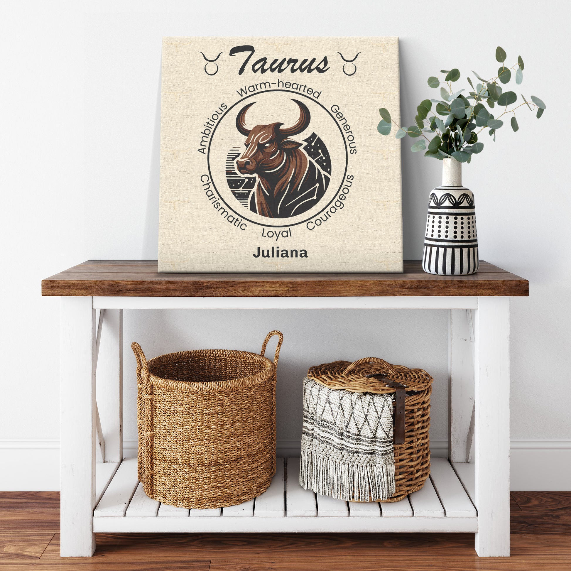 Taurus Fierceness Personalized Square Canvas Wrap resting on shelf with plant mister obtuse eclectic goods