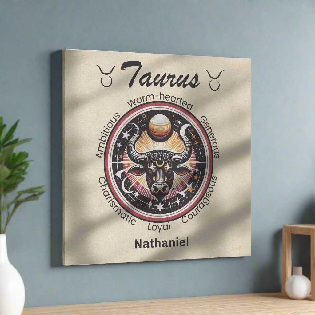 Taurus In The Stars Personalized Square Canvas Wrap hanging on living room wall mister obtuse eclectic goods
