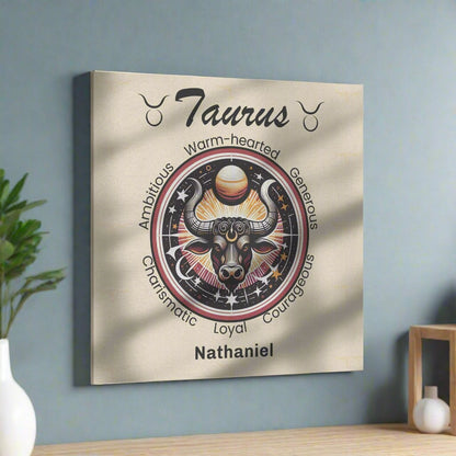 Taurus In The Stars Personalized Square Canvas Wrap hanging on living room wall mister obtuse eclectic goods