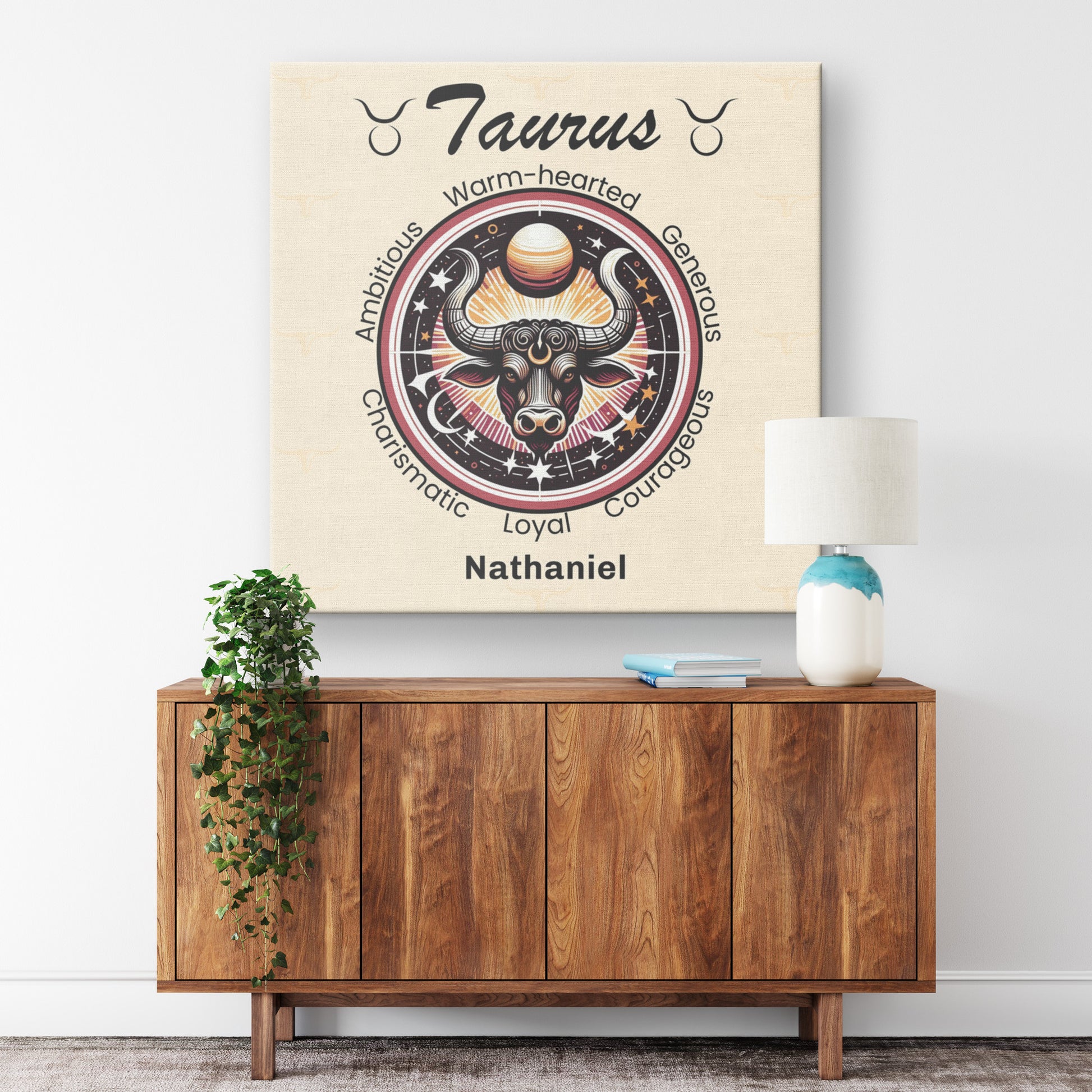 Taurus In The Stars Personalized Square Canvas Wrap resting on wall above cabinet mister obtuse eclectic goods