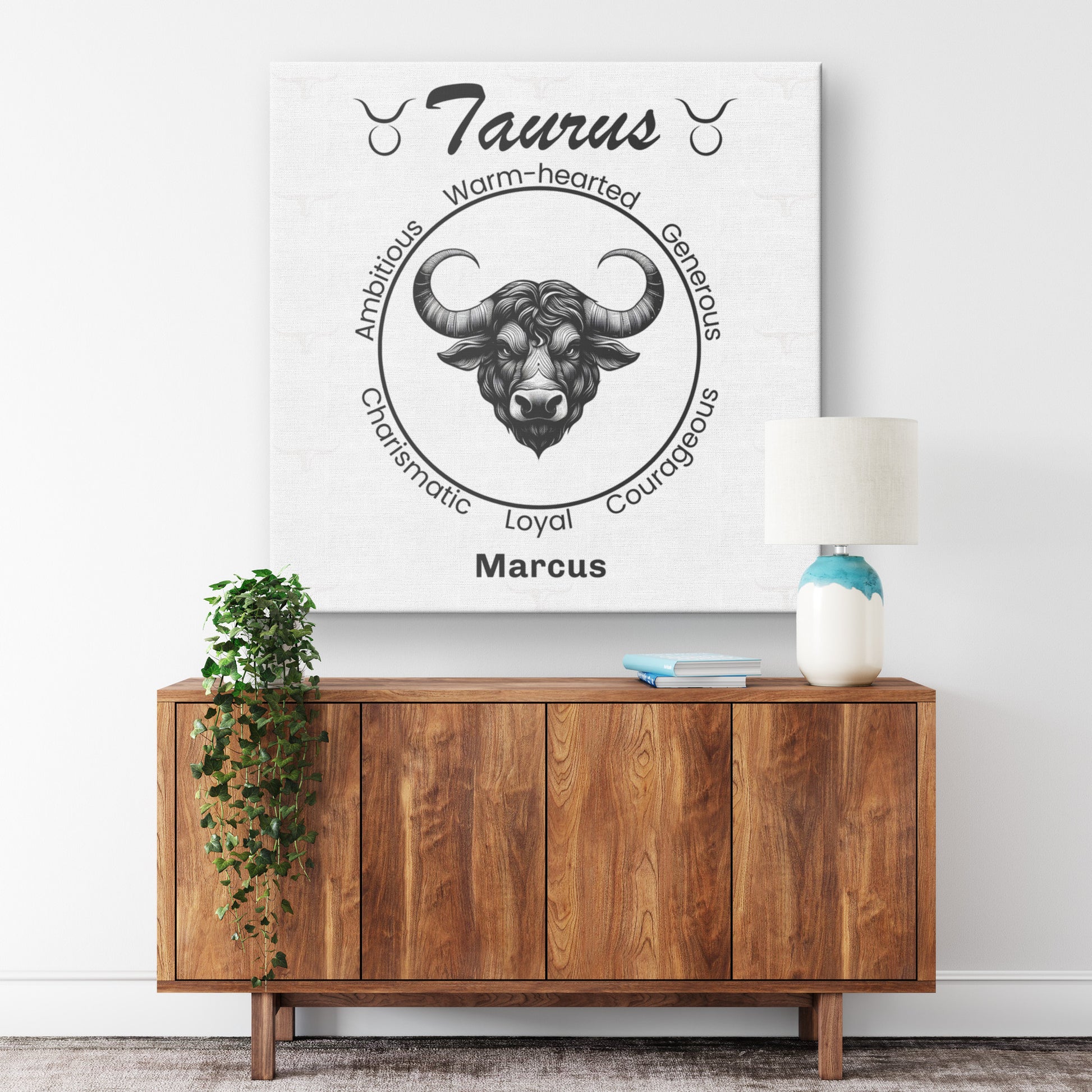 Taurus Minimalist  Personalized Square Canvas Wrap on wall above cabinet mister obtuse eclectic goods