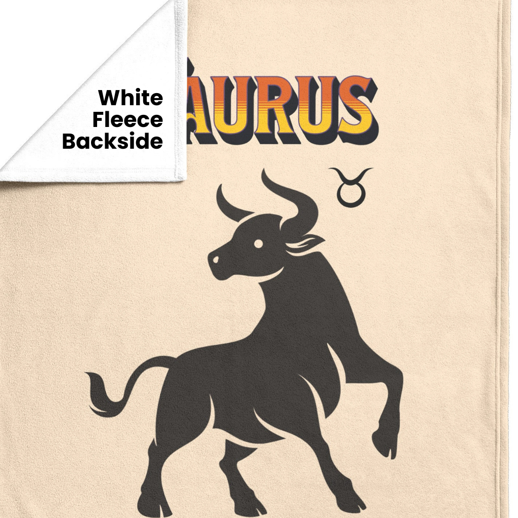 Taurus minimalist Personalized Fleece or Sherpa Blanket showing white fleece backside mister obtuse eclectic goods