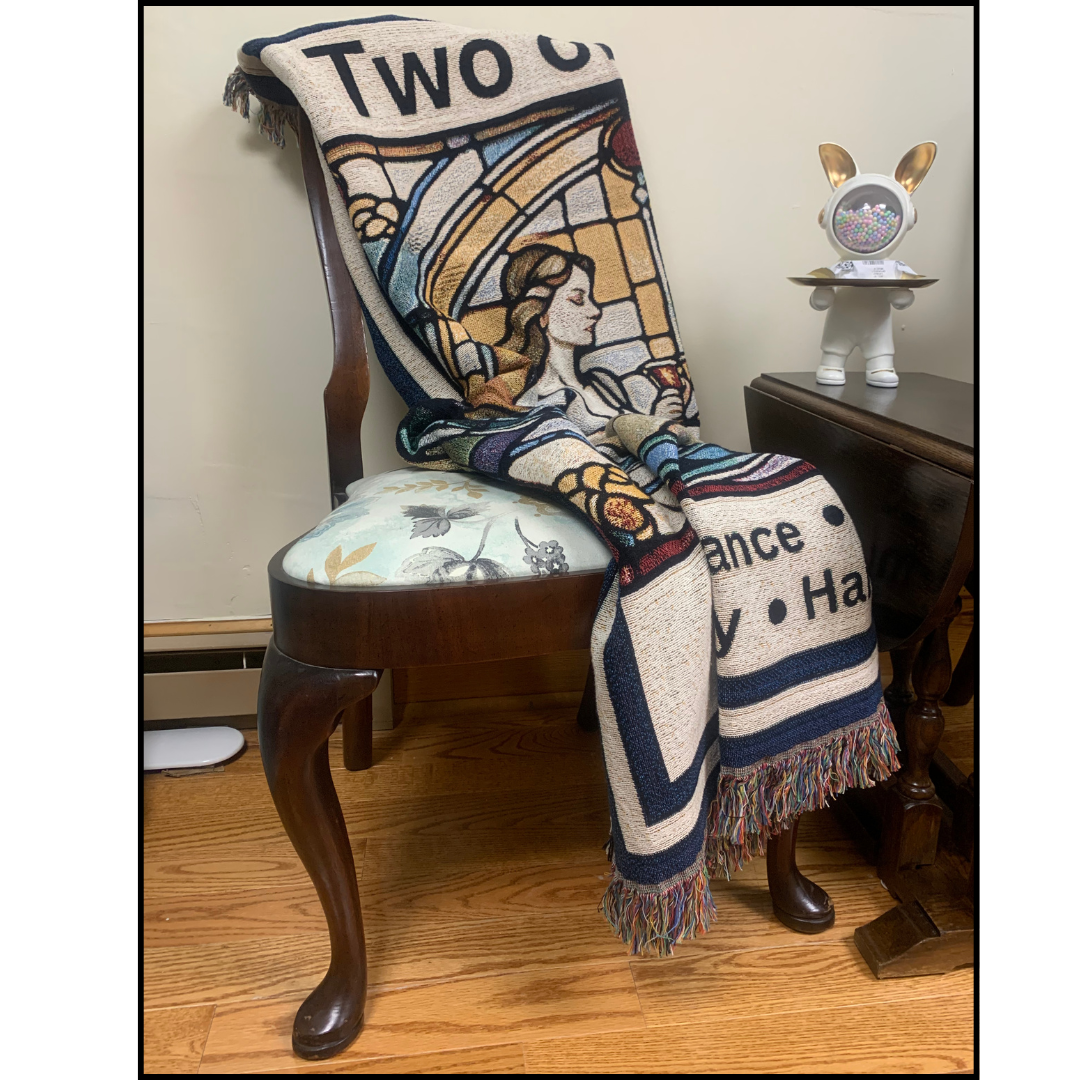 Two of Cups Heirloom Blanket Mister Obtuse mugs and stuff draped over sitting chair