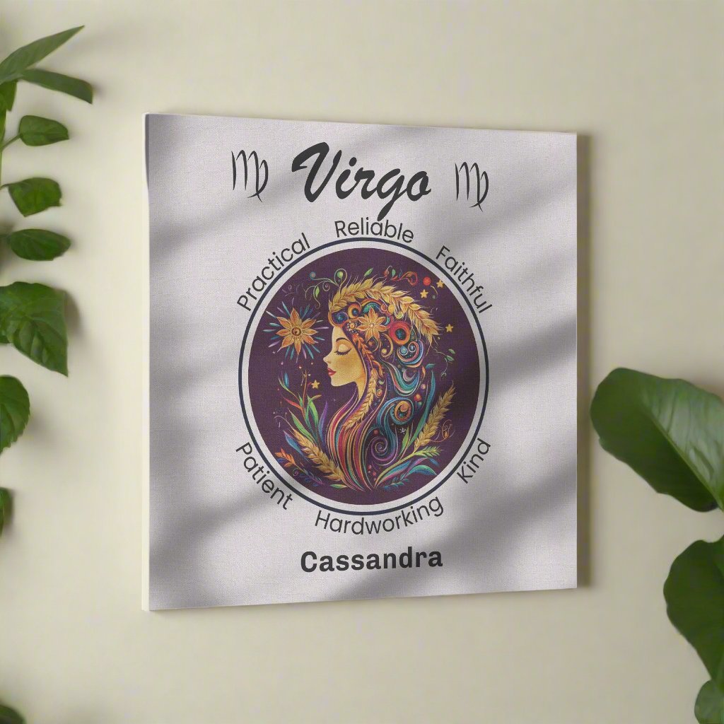 Virgo At Peace Personalized Square Canvas Wrap on cream wall with plants surrounding mister obtuse eclectic goods