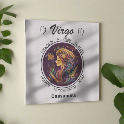 Virgo At Peace Personalized Square Canvas Wrap on cream wall with plants surrounding mister obtuse eclectic goods