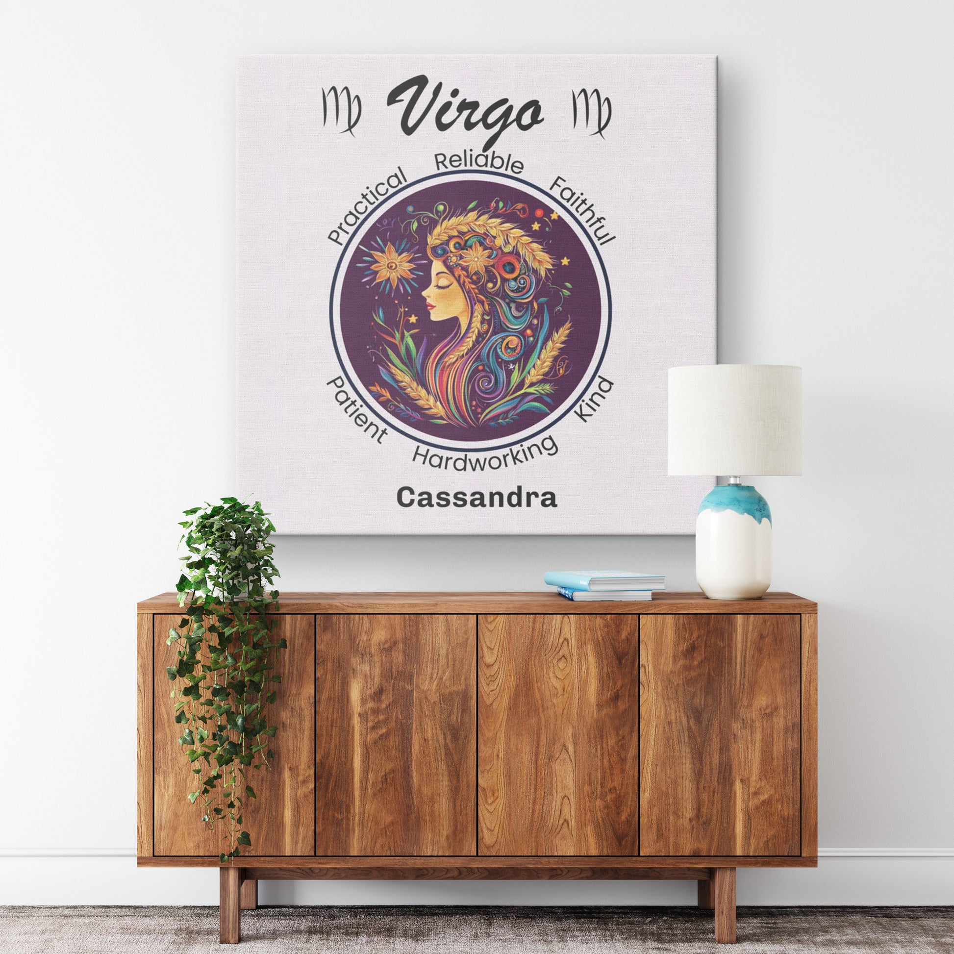 Virgo At Peace Personalized Square Canvas Wrap on wall above cabinet  mister obtuse eclectic goods