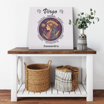 Virgo At Peace Personalized Square Canvas Wrap on shelf with plant mister obtuse eclectic goods