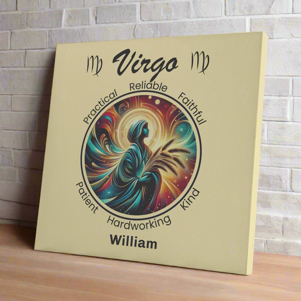 Virgo gratitude on wooden shelf with white brick wall mister obtuse eclectic goods