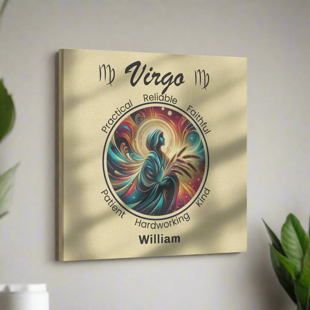 Virgo Gratitude Personalized Square Canvas Wrap on wall with plants surrounding it mister obtuse eclectic goods