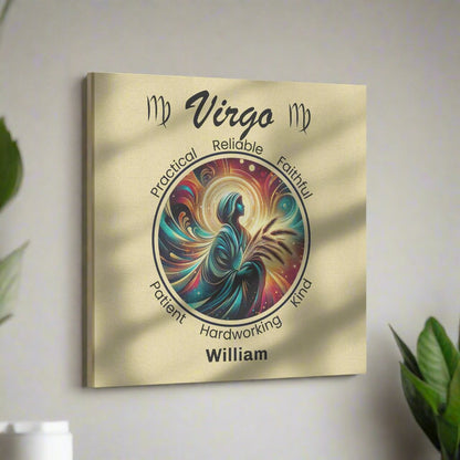 Virgo Gratitude Personalized Square Canvas Wrap on wall with plants surrounding it mister obtuse eclectic goods