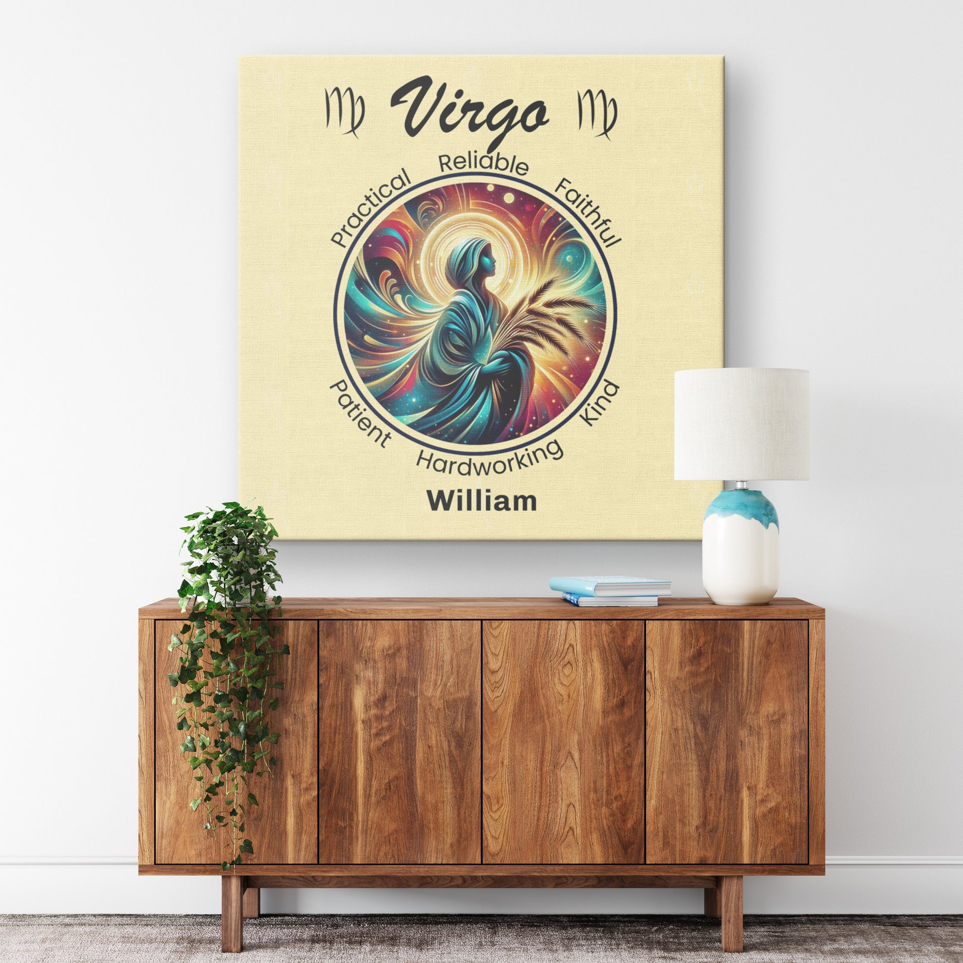 Virgo Gratitude Personalized Square Canvas Wrap on wall above cabinet mister obtuse eclectic goods