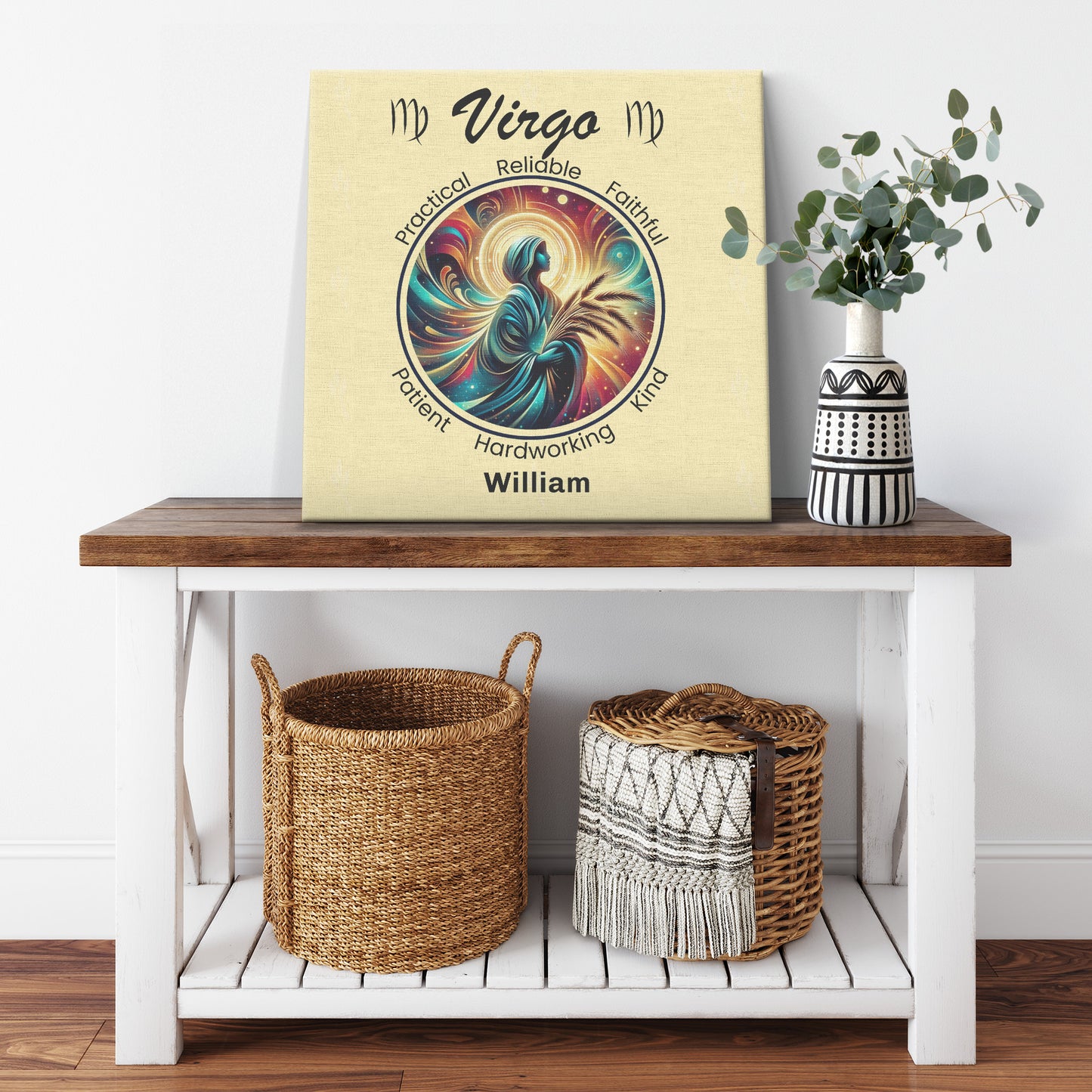 Virgo Gratitude Personalized Square Canvas Wrap on shelf with plant mister obtuse eclectic goods