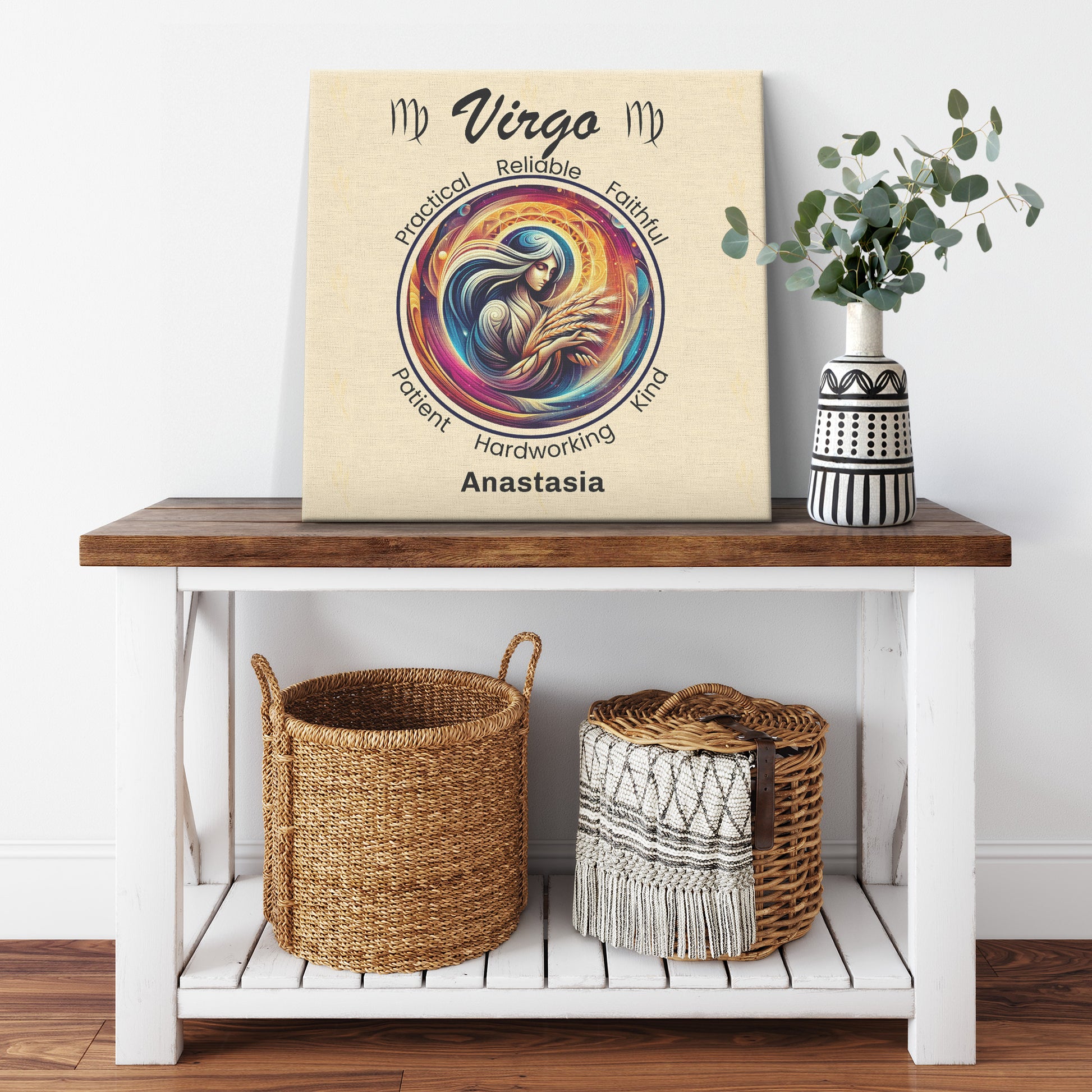Virgo harvest Personalized Square Canvas Wrap on cabinet shelf with  plant mister obtuse eclectic goods