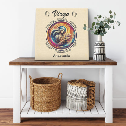 Virgo harvest Personalized Square Canvas Wrap on cabinet shelf with  plant mister obtuse eclectic goods