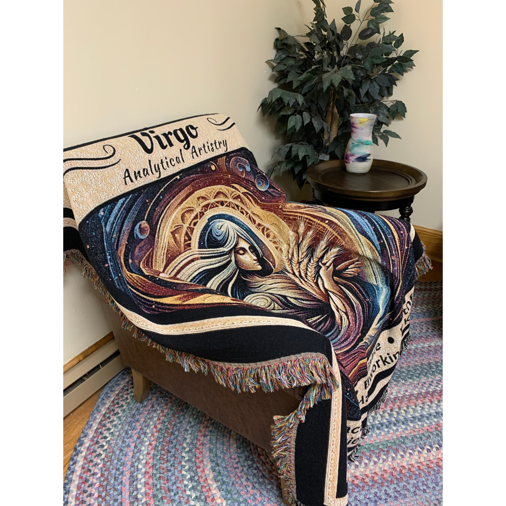 Virgo Zodiac Heirloom Blanket Draped Over Chair_Mister Obtuse Eclectic Goods