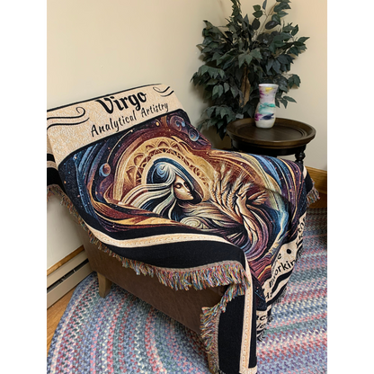 Virgo Zodiac Heirloom Blanket Draped Over Chair_Mister Obtuse Eclectic Goods