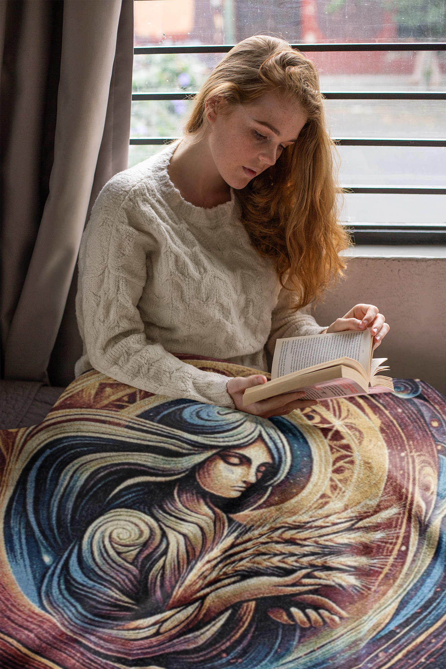 Virgo heirloom blanket draped over woman reading book mister obtuse eclectic goods