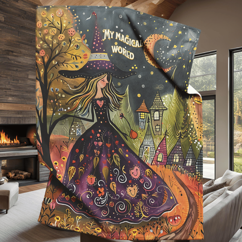 Witch's Magical World Non-Personalized Fleece or sherpa blanket in living room with fireplace mister obtuse eclectic goods