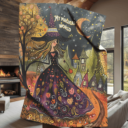 Witch's Magical World Non-Personalized Fleece or sherpa blanket in living room with fireplace mister obtuse eclectic goods