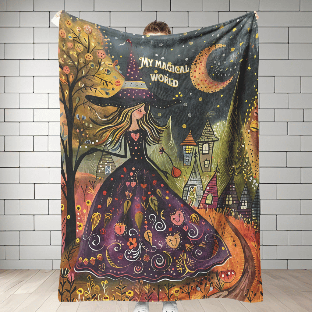 Witch's Magical World Non-Personalized Fleece or sherpa blanket showing full length mister obtuse eclectic goods