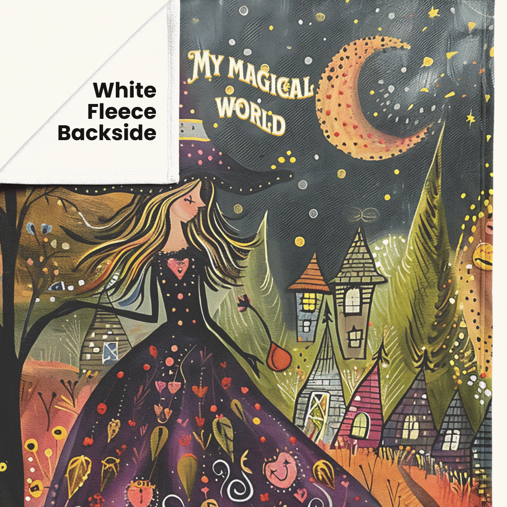 Witch's Magical World Non-Personalized Fleece or sherpa blanket showing white fleece backside mister obtuse eclectic goods