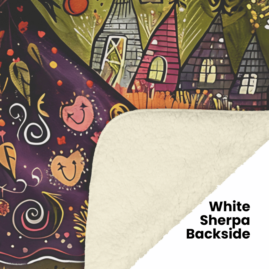 Witch's Magical World Non-Personalized Fleece or sherpa blanket showing white sherpa backside mister obtuse eclectic goods