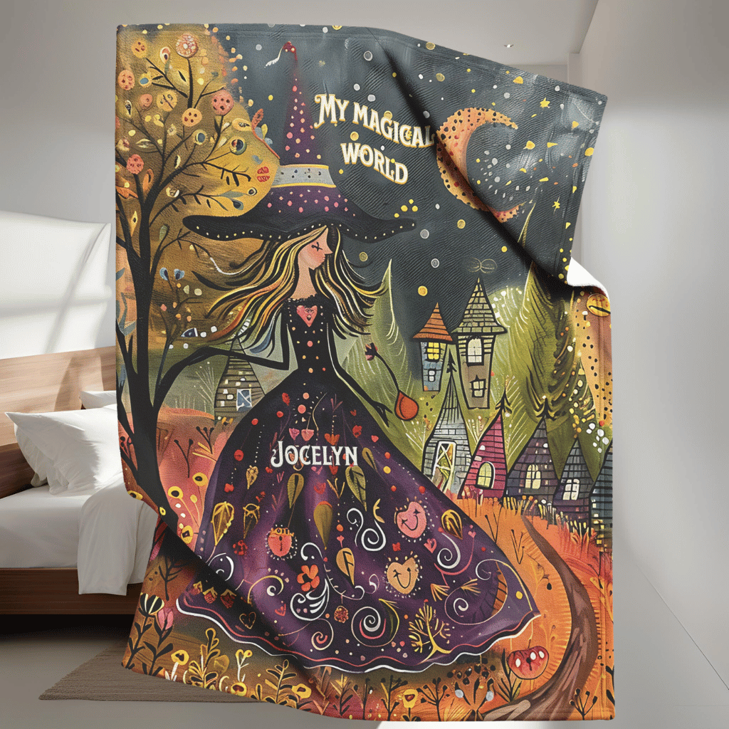 Witch's Magical World Personalized Fleece or sherpa blanket in bedroom setting mister obtuse eclectic goods