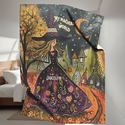 Witch's Magical World Personalized Fleece or sherpa blanket in bedroom setting mister obtuse eclectic goods