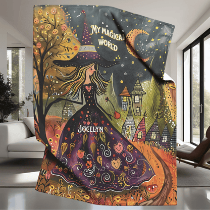 Witch's Magical World Personalized Fleece or sherpa blanket in living room setting mister obtuse eclectic goods