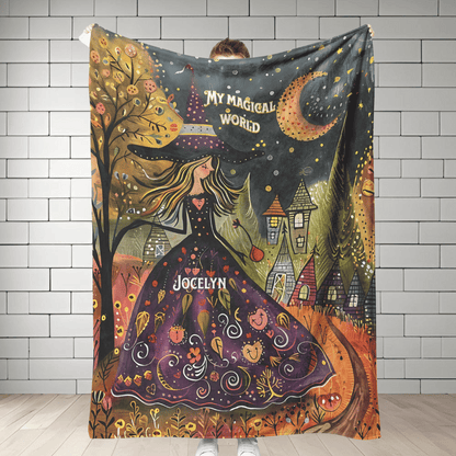 Witch's Magical World Personalized Fleece or sherpa blanket showing full length mister obtuse eclectic goods