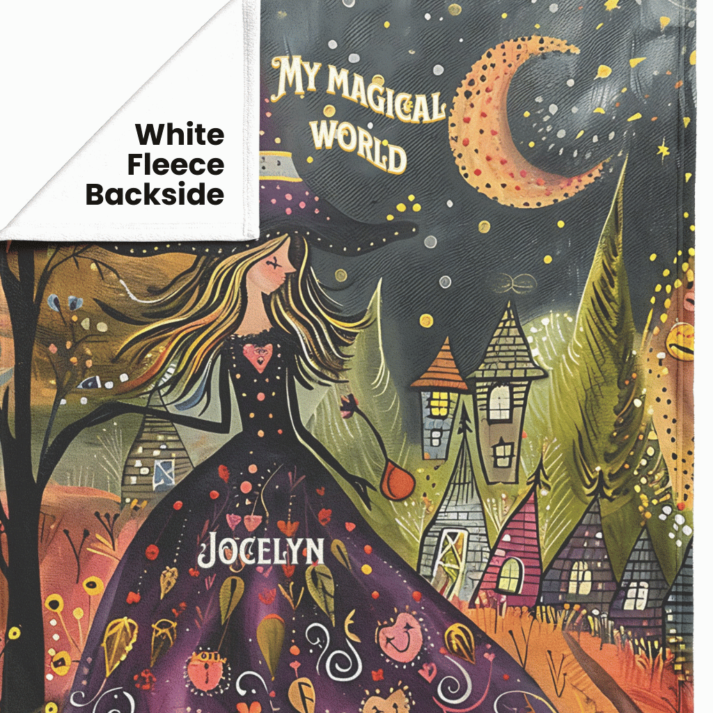Witch's Magical World Personalized Fleece or sherpa blanket showing white fleece backside mister obtuse eclectic goods