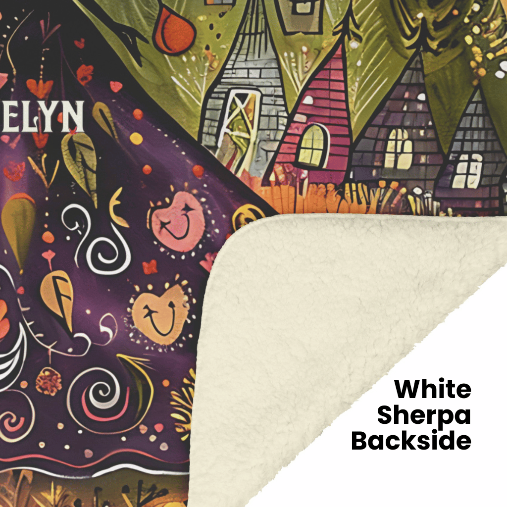 Witch's Magical World Personalized Fleece or sherpa blanket showing white sherpa backside mister obtuse eclectic goods