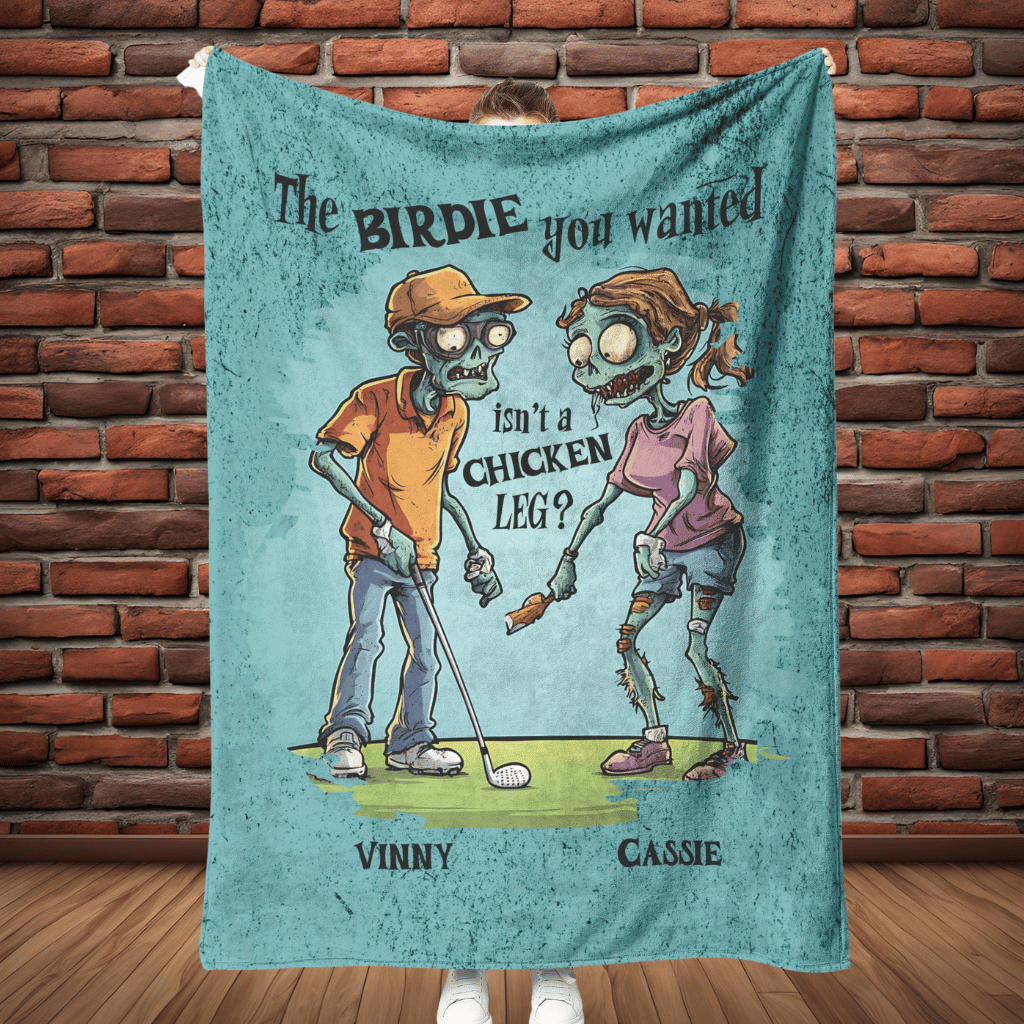 Zombie Golf Sweethearts Personalized Fleece or sherpa blanket showing full length mister obtuse eclectic goods